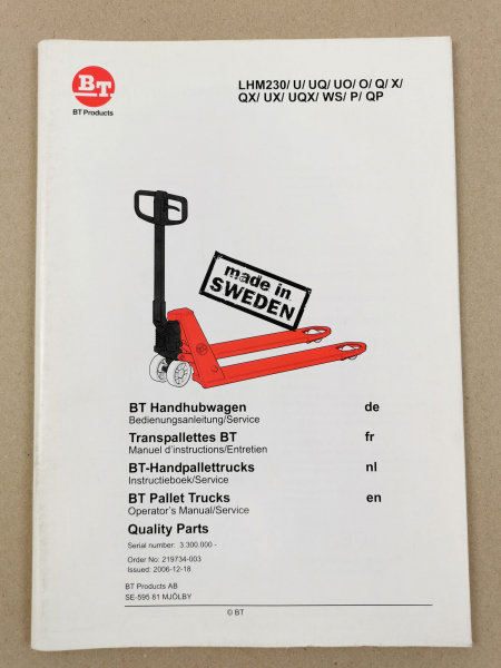 BT LMH 230 Bedienungsanleitung Teileliste Operators Manual Instructieboek