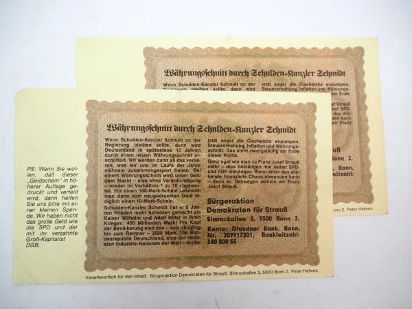 Bürgeraktion Demokraten für Strauß Wahlwerbung Hunderttausend Mark ca. 1980