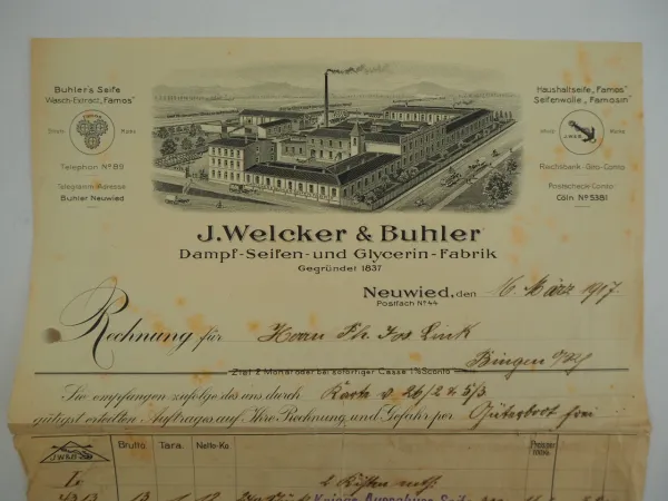 Buhler Seife Scheuer Pfeifen Cichorien Fabrik Neuwied 4x Rechnung 1899 bis 1917