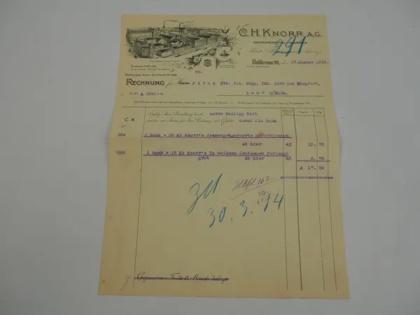 C. H. Knorr AG Heilbronn Nahrungsmittel Fabrik Rechnung 1914