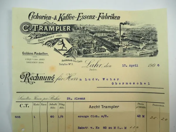 C. Trampler GmbH Cichorien Kaffee Essenz Fabriken Lahr Rechnung 1906