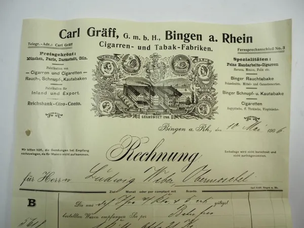 Carl Gräff GmbH Bingen am Rhein Zigarren Tabakfabrik Rechnung 10.Mai 1906