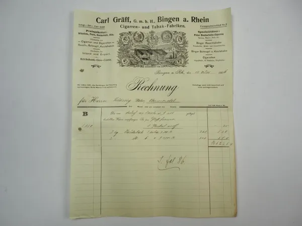 Carl Gräff GmbH Bingen am Rhein Zigarren Tabakfabrik Rechnung 12.Juli 1906