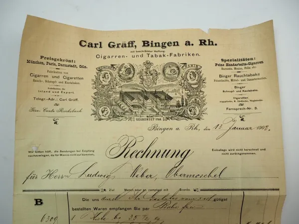 Carl Gräff GmbH Bingen am Rhein Zigarren Tabakfabrik Rechnung 13.Jan.1903