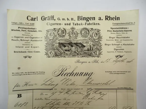 Carl Gräff GmbH Bingen am Rhein Zigarren Tabakfabrik Rechnung 15.Sept.1906