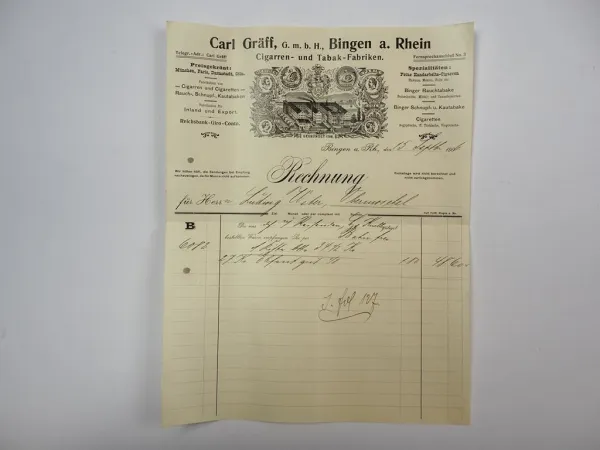 Carl Gräff GmbH Bingen am Rhein Zigarren Tabakfabrik Rechnung 15.Sept.1906
