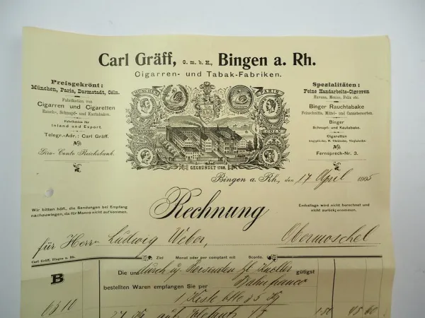 Carl Gräff GmbH Bingen am Rhein Zigarren Tabakfabrik Rechnung 17.April 1905