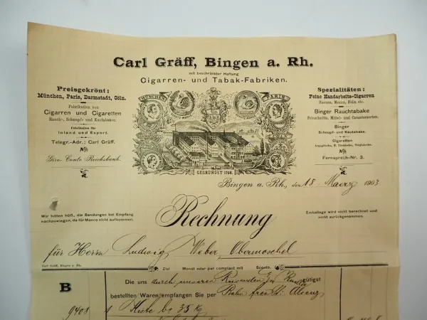 Carl Gräff GmbH Bingen am Rhein Zigarren Tabakfabrik Rechnung 18.März 1903