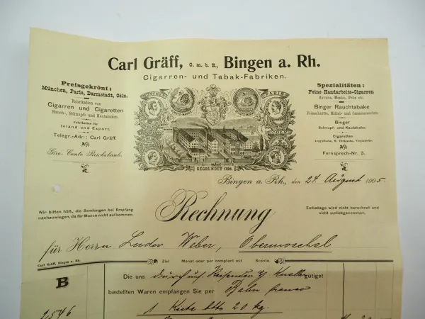 Carl Gräff GmbH Bingen am Rhein Zigarren Tabakfabrik Rechnung 24.Aug. 1905