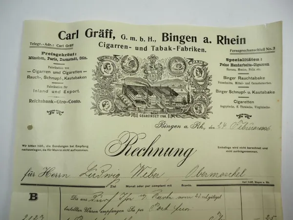 Carl Gräff GmbH Bingen am Rhein Zigarren Tabakfabrik Rechnung 24.Febr. 1906