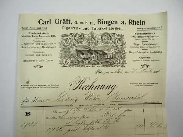 Carl Gräff GmbH Bingen am Rhein Zigarren Tabakfabrik Rechnung 28.Juli 1906