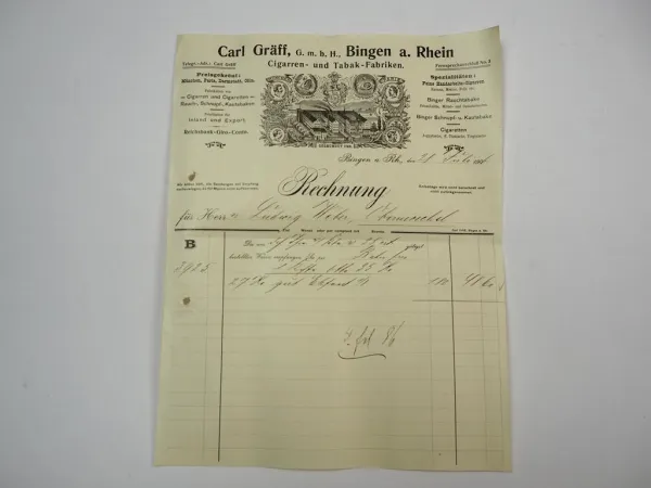 Carl Gräff GmbH Bingen am Rhein Zigarren Tabakfabrik Rechnung 28.Juli 1906