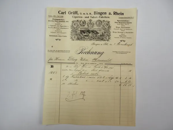 Carl Gräff GmbH Bingen am Rhein Zigarren Tabakfabrik Rechnung 2.Nov.1906