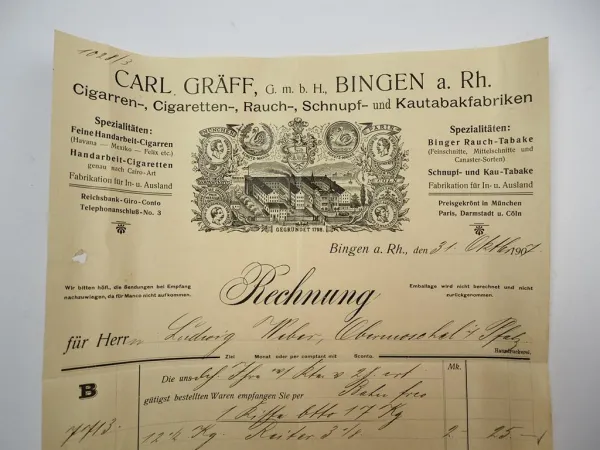 Carl Gräff GmbH Bingen Rh. Zigarren Zigaretten Tabakfabrik Rechnung 31.Okt.1907