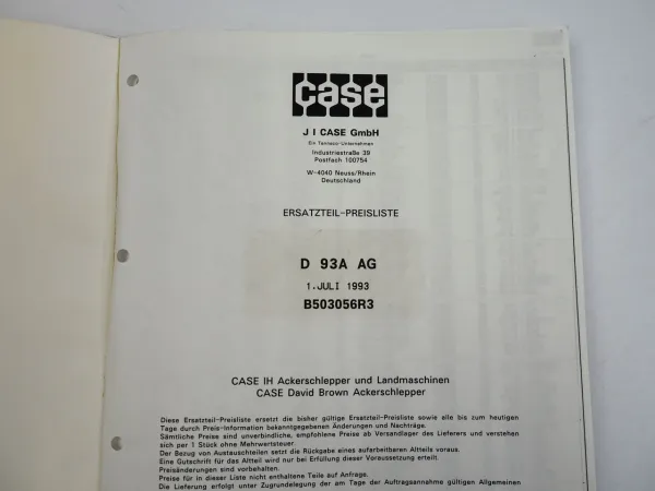 Case IH David Brown Ackerschlepper Landmaschinen Ersatzteil Preisliste D93A 1993