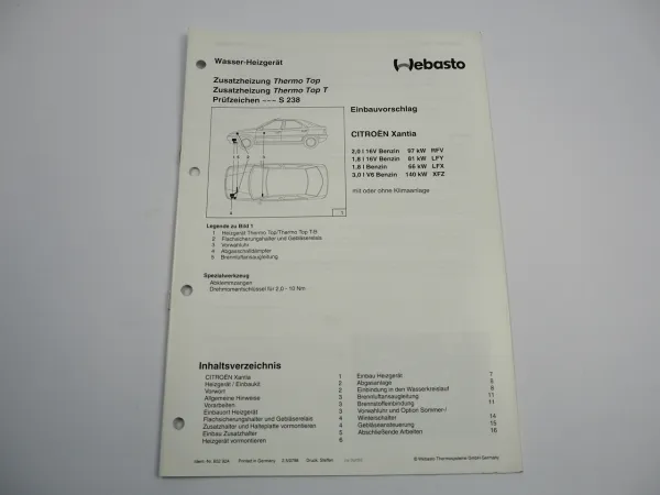 Citroen Xantia Benziner Einbauanleitung Webasto Thermo Top T-B Heizung 1998