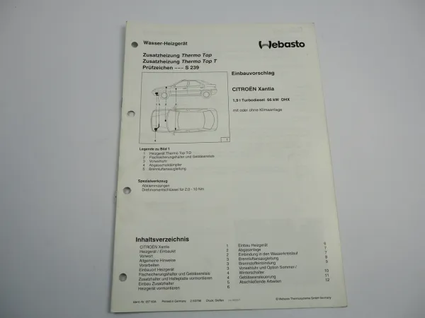 Citroen Xantia Einbauanleitung Webasto Thermo Top T Diesel Heizung 1998