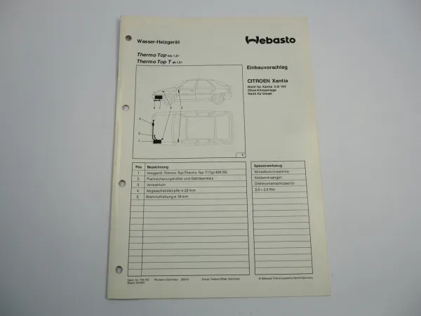 Citroen Xantia Einbauanleitung Webasto Thermo Top T Typ BW50 Heizung 1993