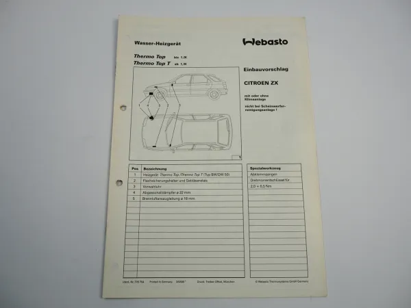 Citroen ZX Einbauanleitung Webasto Thermo Top T Typ BW DW50 Heizung 1993