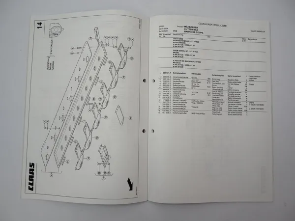 Claas Disco 2650 2650Plus Mähwerk Ersatzteilliste Spare Parts List 2004