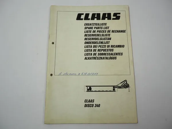Claas Disco 340 Scheibenmähwerk Ersatzteilliste Spare Parts List 2000