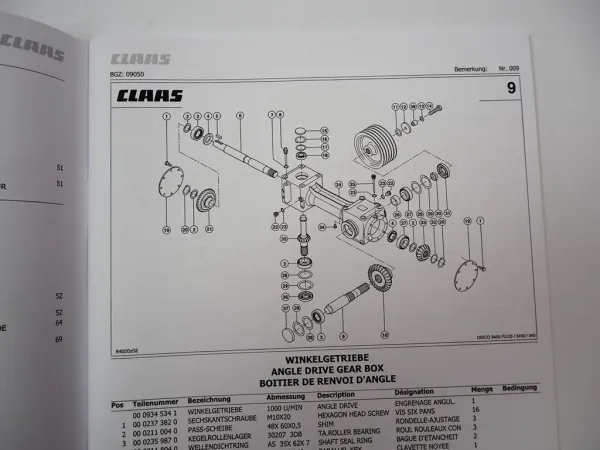 Claas Disco 3450 Plus 340 Mähwerk Ersatzteilliste Spare Parts List 2012