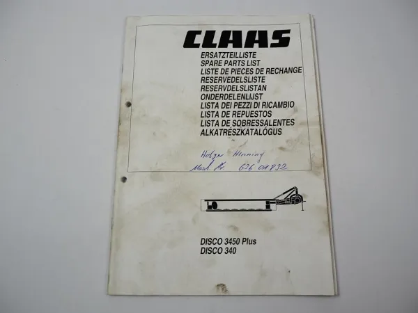 Claas Disco 3450 Plus 340 Scheibenmähwerk Ersatzteilliste Spare Parts List 2002