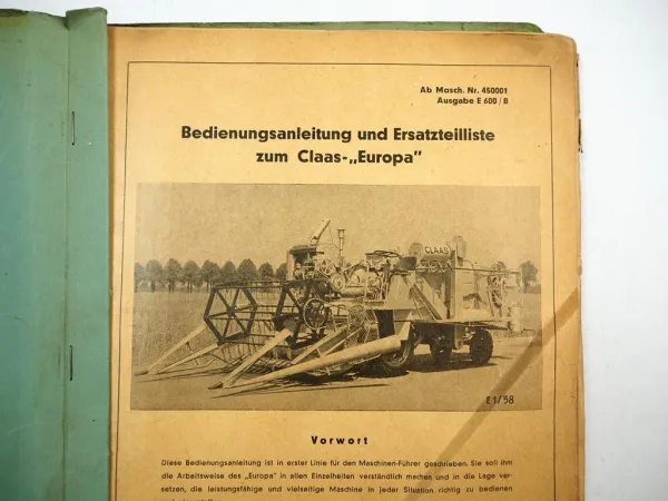 Claas Europa Mähdrescher Betriebsanleitung Ersatzteilliste 1960