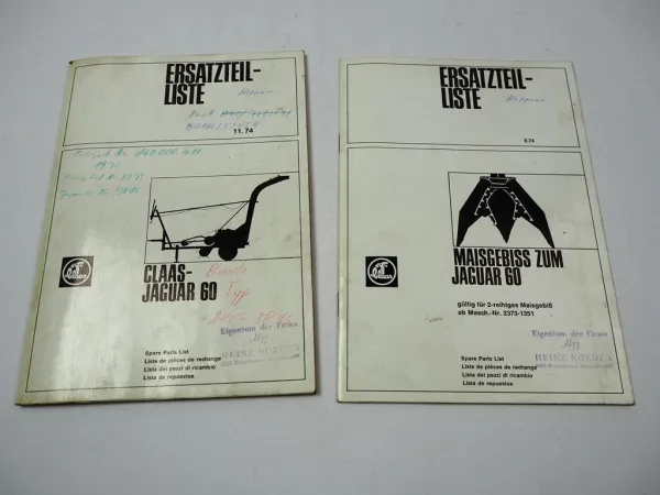 Claas Jaguar 60 Feldhäcksler + Maisgebiss Ersatzteilliste Ersatzteilkatalog 1974