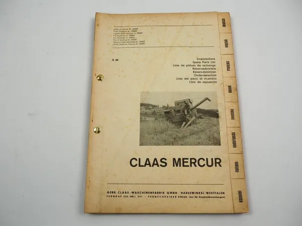 Claas Mercur Mähdrescher Ersatzteilliste Ersatzteilkatalog 1966