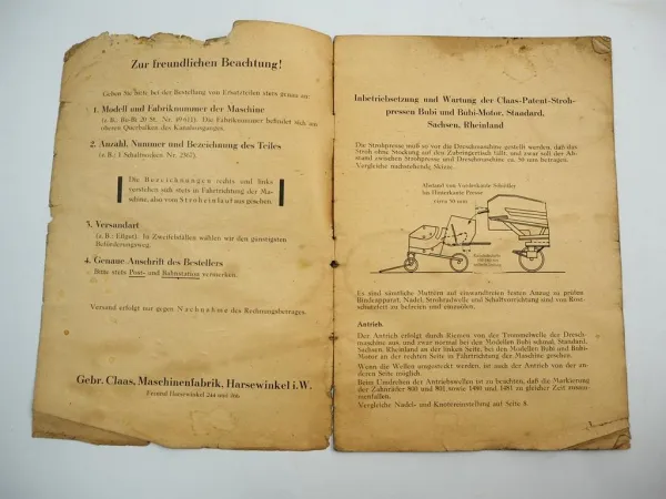 Claas Patent Strohpressen Betriebsanleitung Ersatzteilliste ca. 1940er Jahre