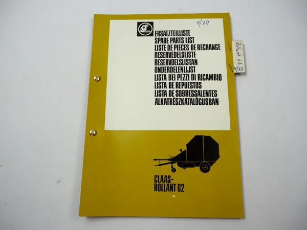 Claas Rollant 62 Rundballenpresse Ersatzteilliste Ersatzteilkatalog 1979