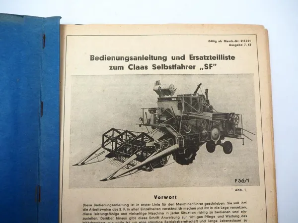 Claas SFB selbstfahrender Mähdrescher Betriebsanleitung Ersatzteilliste 11/1968