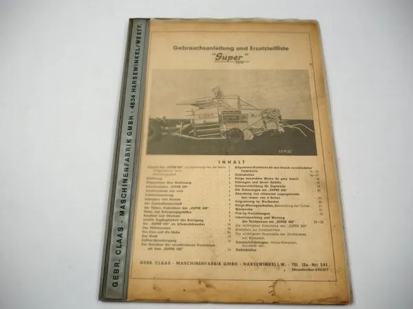 Claas Super 500 Strohpresse für Schlepperanbau Betriebsanleitung Ersatzteilliste