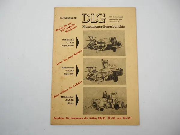 Claas Super Junior Super 500 SF55 Mähdrescher Maschinenprüfungsbericht DLG 1956