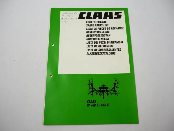 Claas W 640S 740S Kreiselwender Ersatzteilliste Spare Parts List 1990