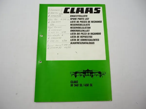 Claas W540SL W450SL Kreiselheuer Ersatzteilliste Spare Parts List 1991
