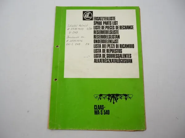 Claas WA-S 540 Schwader Heuwender Ersatzteilliste Spare Parts List 1983