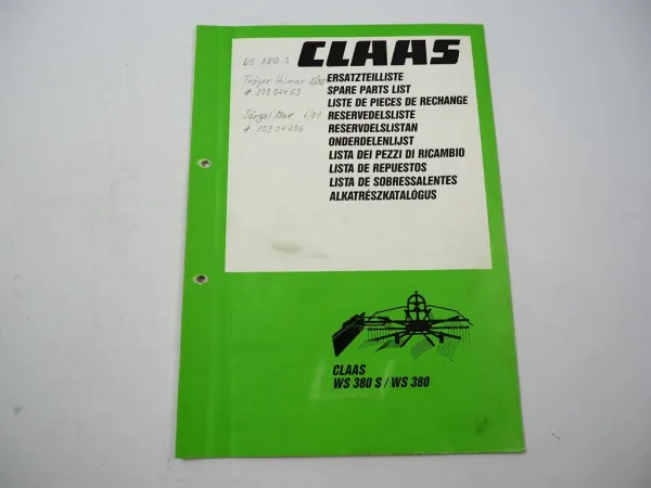 Claas WS 380 380S Schwader Ersatzteilliste Spare Parts List 1990