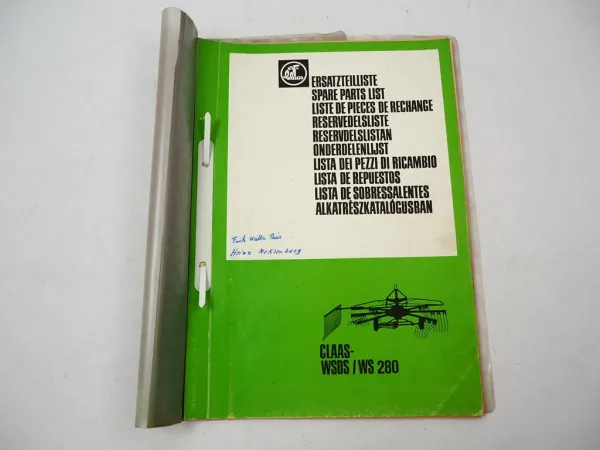 Claas WSDS WS 280 Schwader Ersatzteilliste Liste de Pieces de Rechange 1980