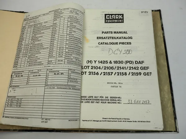 Clark DCY250 Gabelstapler Ersatzteilliste Parts Manual Forklift 1976