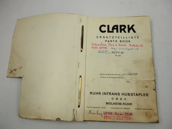 Clark RCFY30 Gabelstapler Ersatzteilkatalog Parts List Ersatzteilliste 1960er J.