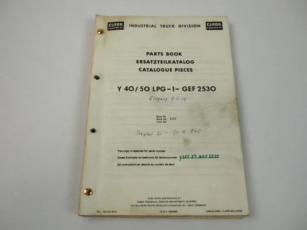 Clark Y 40 50 LPG 1 GEF2530 Gabelstapler Ersatzteilliste Parts Book 1960er Jahre