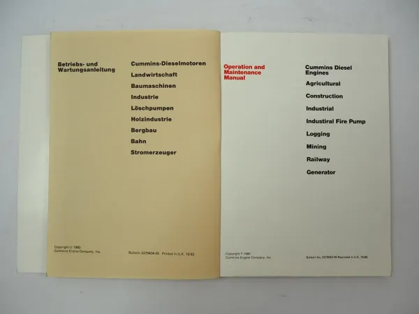 Cummins Dieselmotoren Industrie Baumaschinen Betriebsanleitung Operation Manual