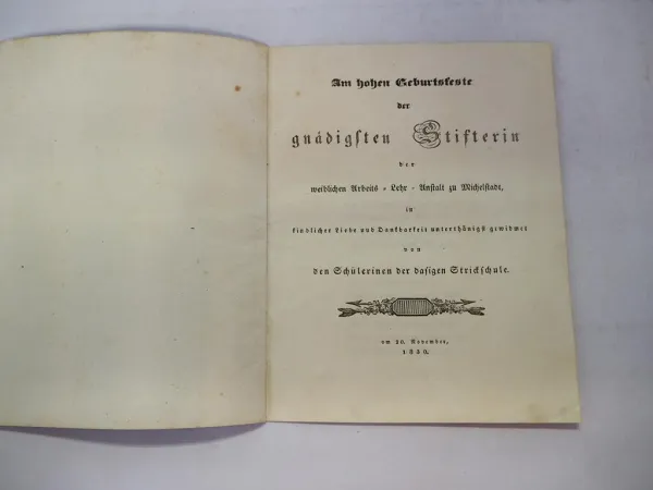 Dankesschrift Schülerinnen der Strickschule Michelstadt 1830 an Sophie zu Erbach