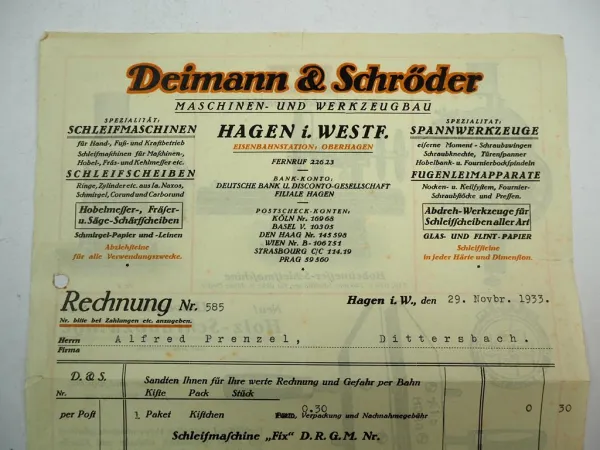 Deimann Schröder Maschinen und Werkzeugbau Hagen i. Westf. Rechnung 1933