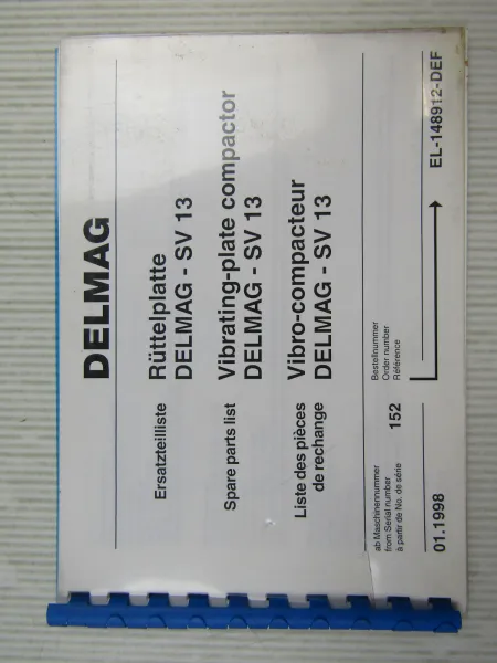 Delmag SV 13 Rüttelplatte Ersatzteilliste Ersatzteilkatalog Parts List 1998