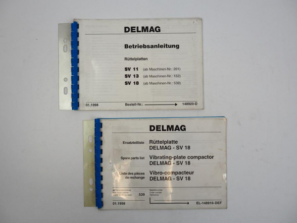 Delmag SV18 Rüttelplatte Betriebsanweisung Ersatzteilliste 1998