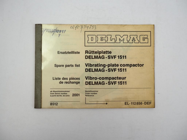Delmag SVF1511 Rüttelplatte Ersatzteilliste Spare Parts List