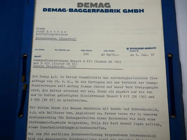Demag R613 R609 Planierraupe Anschreiben & Kostenvoranschlag 1952